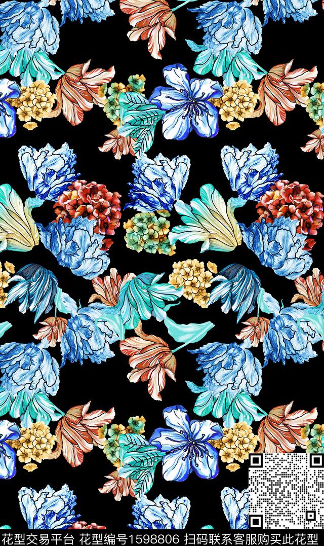 花卉黑底花卉水彩花卉数码印花华亿平台下载（图片编号: 1598806） - 瓦栏（Walan）