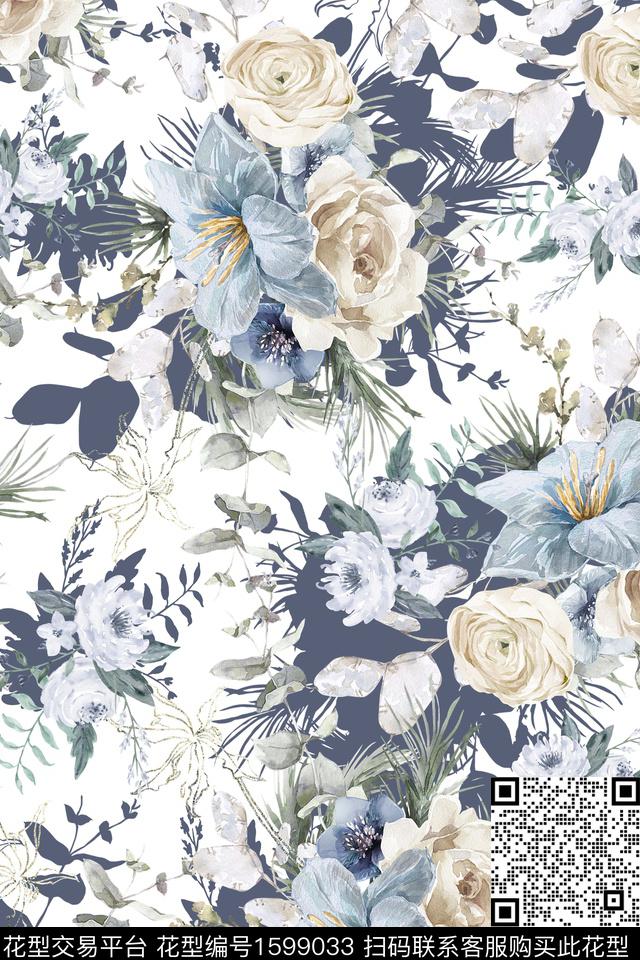 花卉水彩花卉白底花数码印花华亿平台下载（图片编号: 1599033） - 瓦栏（Walan）