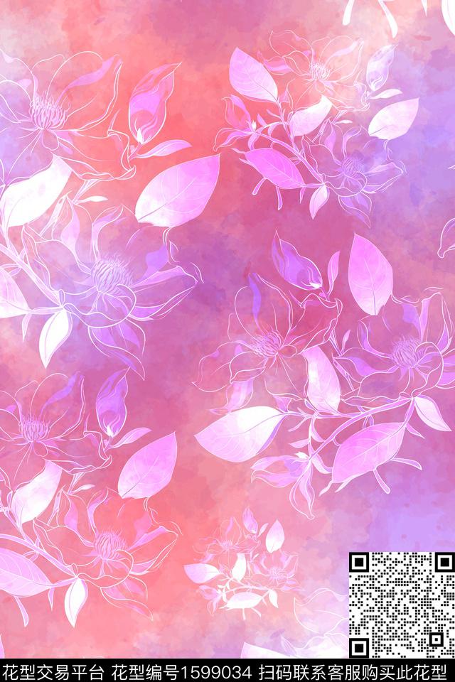 花卉水彩花卉线条花数码印花华亿平台下载（图片编号: 1599034） - 瓦栏（Walan）