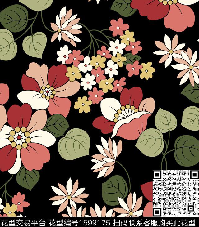 花卉小碎花黑底花卉传统印花华亿平台下载（图片编号: 1599175） - 瓦栏（Walan）
