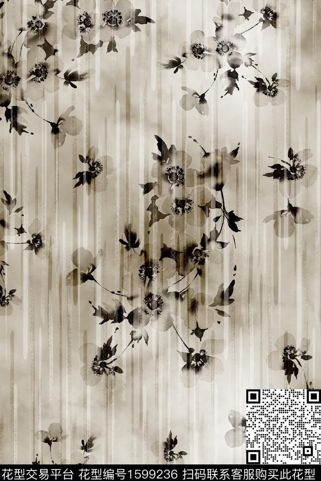 花卉水墨风条纹数码印花华亿平台下载（图片编号: 1599236） - 瓦栏（Walan）