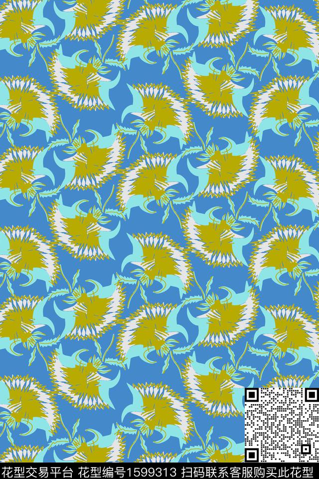 花卉抽象花卉蓝色传统印花华亿平台下载（图片编号: 1599313） - 瓦栏（Walan）