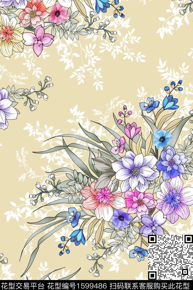 剪影花卉春夏华亿平台数码印花华亿平台下载（图片编号: 1599486） - 瓦栏（Walan）