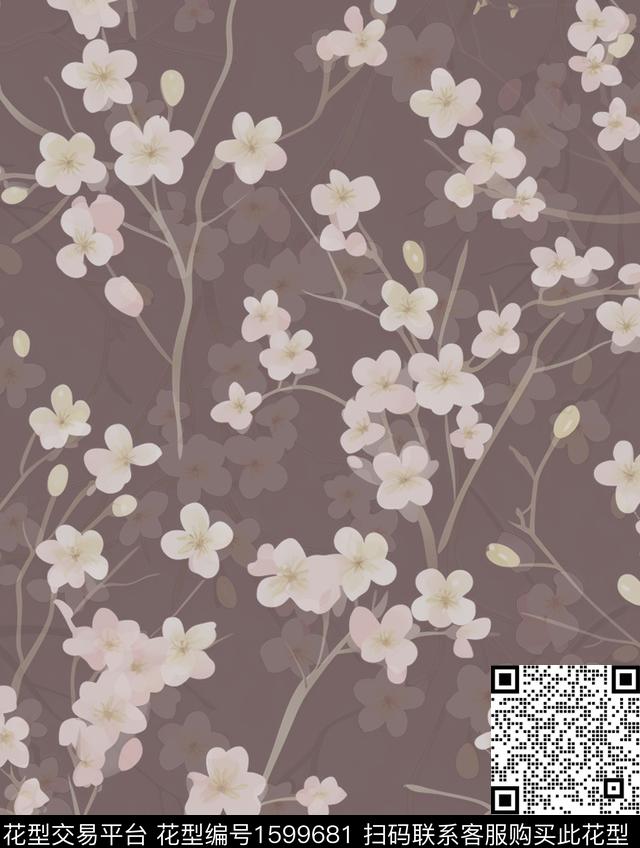 花卉影花枝条花数码印花华亿平台下载（图片编号: 1599681） - 瓦栏（Walan）