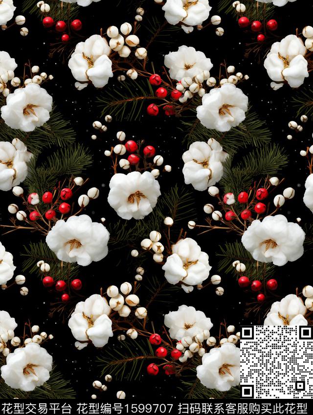 黑底花卉花卉中老年数码印花华亿平台下载（图片编号: 1599707） - 瓦栏（Walan）