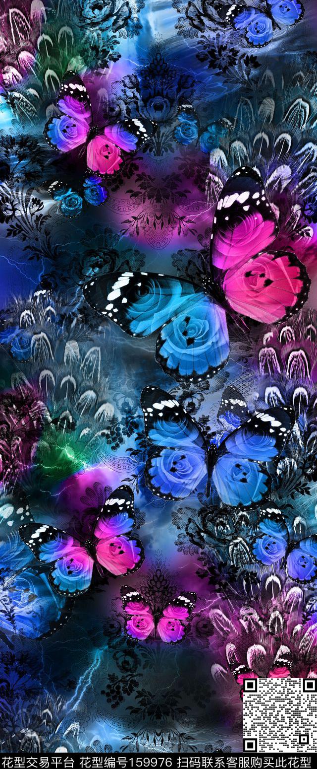 花卉羽毛蝴蝶数码印花华亿平台下载（图片编号: 159976） - 瓦栏（Walan）