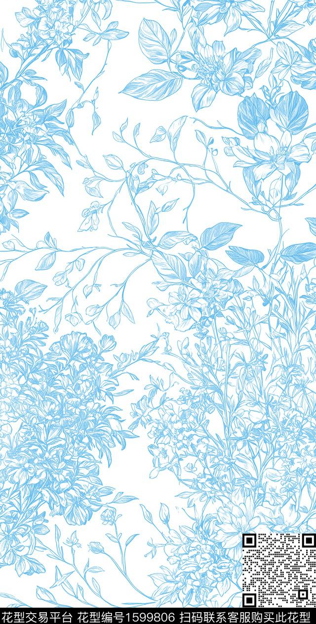 花卉线条花数码印花华亿平台下载（图片编号: 1599806） - 瓦栏（Walan）