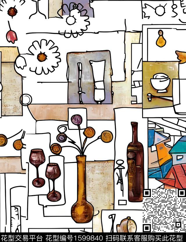抽象线条画花盆数码印花华亿平台下载（图片编号: 1599840） - 瓦栏（Walan）