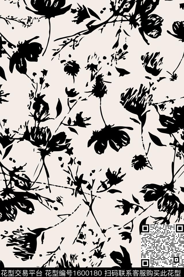 花卉黑白华亿平台传统印花华亿平台下载（图片编号: 1600180） - 瓦栏（Walan）