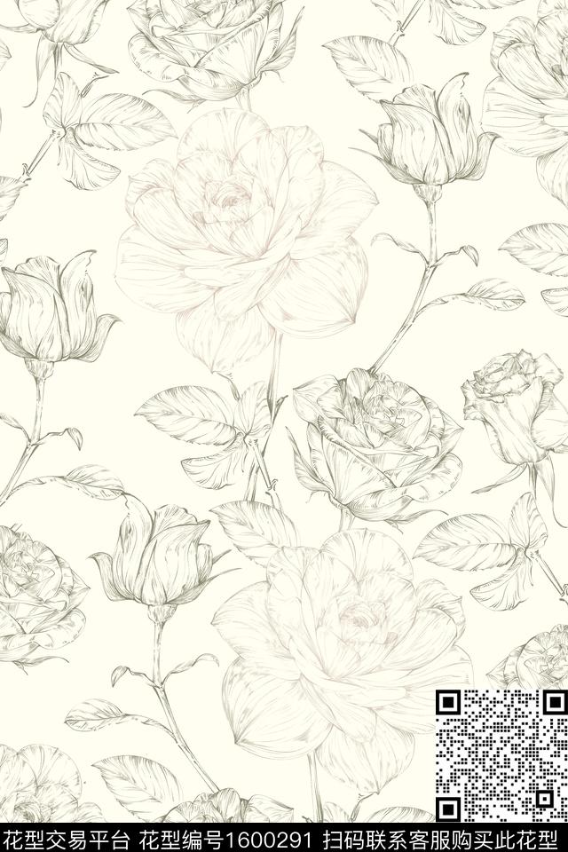 花卉清爽底花卉线条花卉数码印花华亿平台下载（图片编号: 1600291） - 瓦栏（Walan）