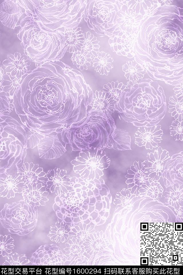 花卉水彩花卉线条花卉数码印花华亿平台下载（图片编号: 1600294） - 瓦栏（Walan）