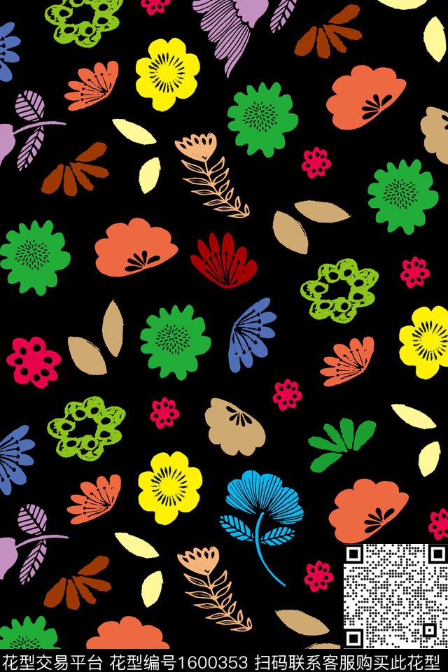 花卉抽象花卉黑底花卉传统印花华亿平台下载（图片编号: 1600353） - 瓦栏（Walan）