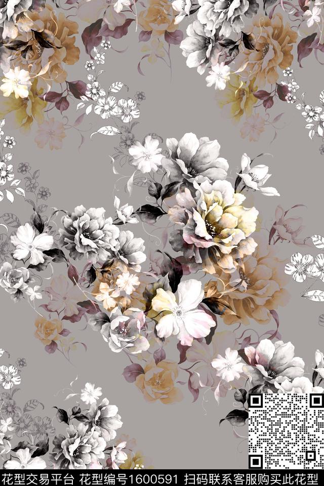 花卉影花手绘大花数码印花华亿平台下载（图片编号: 1600591） - 瓦栏（Walan）
