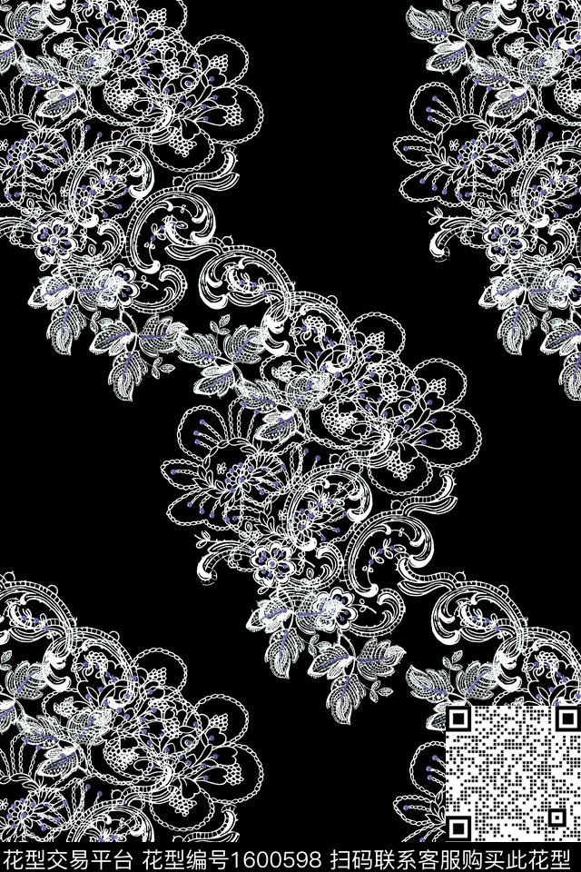 古典花纹蕾丝花卉黑底花卉数码印花华亿平台下载（图片编号: 1600598） - 瓦栏（Walan）