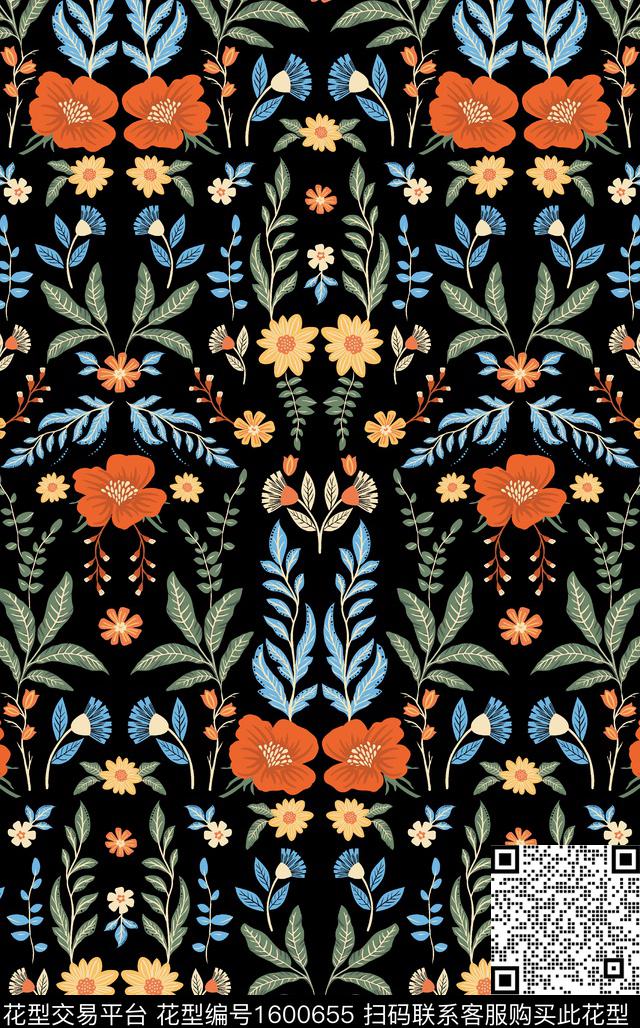 花卉黑底花卉对称数码印花华亿平台下载（图片编号: 1600655） - 瓦栏（Walan）