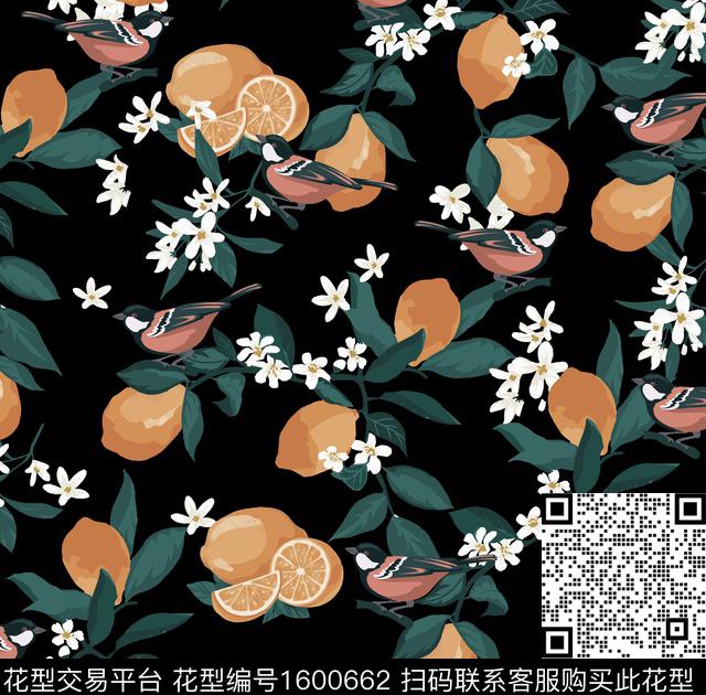黑底花卉花卉柠檬数码印花华亿平台下载（图片编号: 1600662） - 瓦栏（Walan）