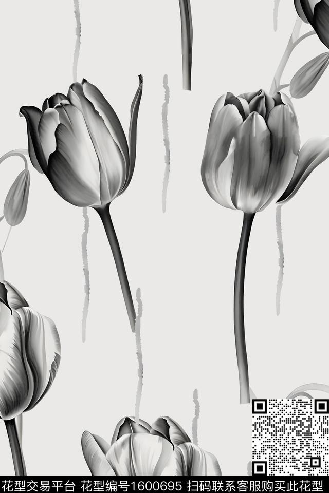 线条花卉黑白华亿平台数码印花华亿平台下载（图片编号: 1600695） - 瓦栏（Walan）