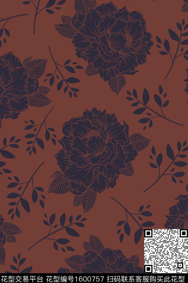 花卉单色复古传统印花华亿平台下载（图片编号: 1600757） - 瓦栏（Walan）