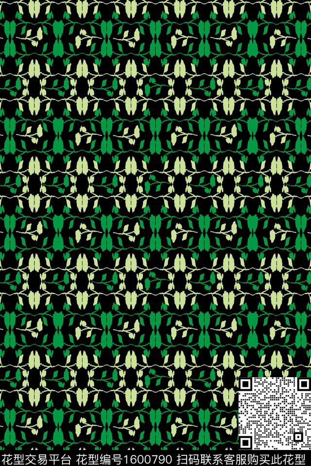 花卉绿色黑底花卉传统印花华亿平台下载（图片编号: 1600790） - 瓦栏（Walan）