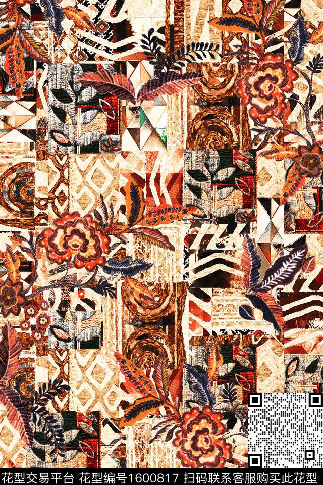 民族风混合拼接复古数码印花华亿平台下载（图片编号: 1600817） - 瓦栏（Walan）
