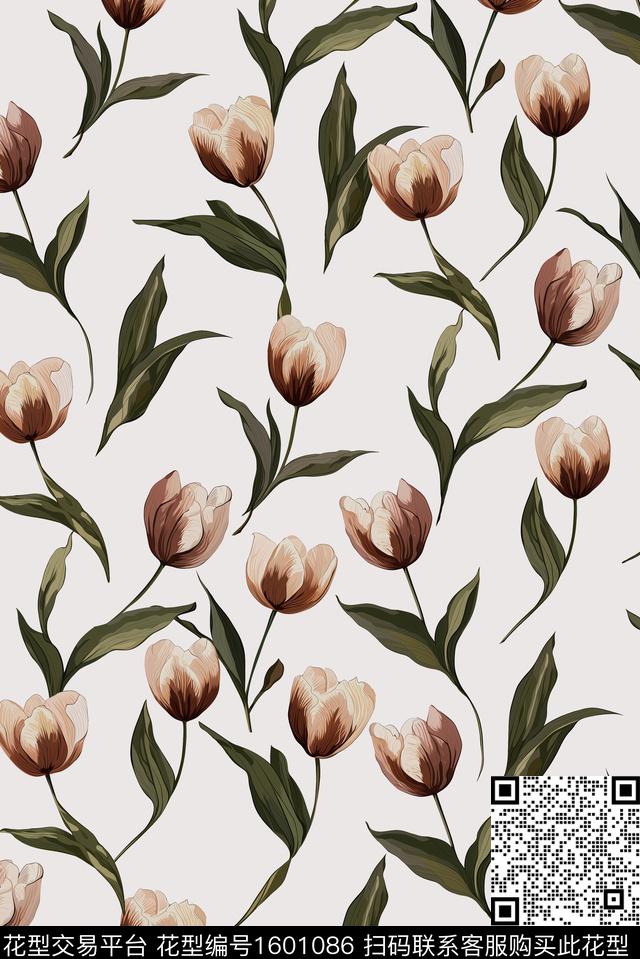 花卉清爽底花卉郁金香数码印花华亿平台下载（图片编号: 1601086） - 瓦栏（Walan）
