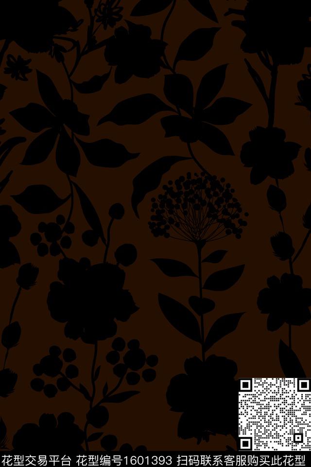 剪影黑底花卉花卉数码印花华亿平台下载（图片编号: 1601393） - 瓦栏（Walan）