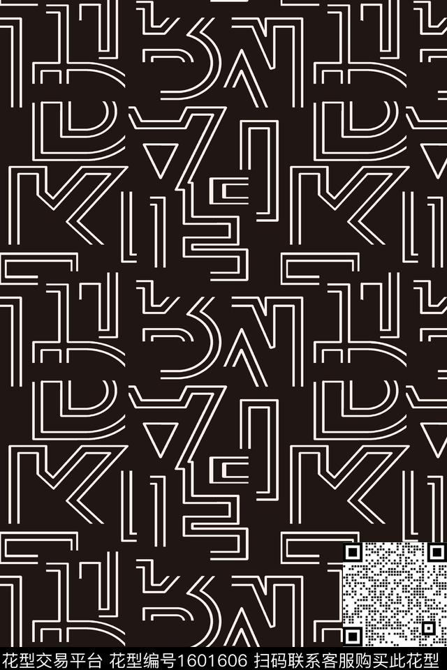 黑白字母线条传统印花华亿平台下载（图片编号: 1601606） - 瓦栏（Walan）