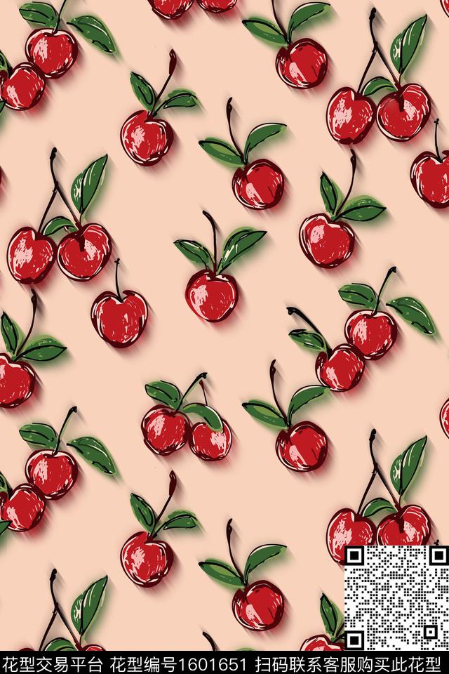 樱桃手绘水果数码印花华亿平台下载（图片编号: 1601651） - 瓦栏（Walan）