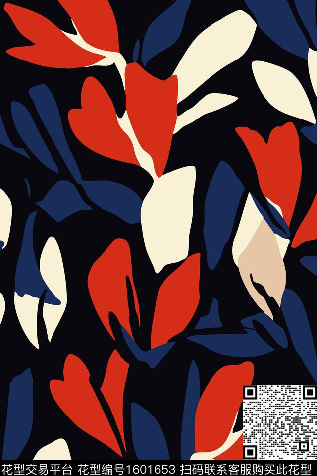 黑底花卉手绘花卉传统印花华亿平台下载（图片编号: 1601653） - 瓦栏（Walan）