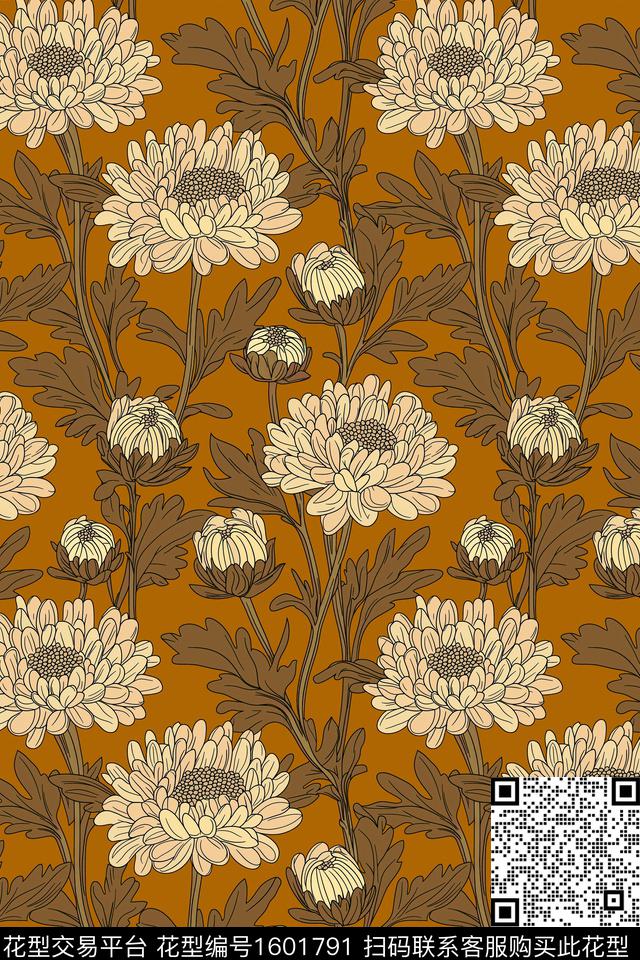 花卉复古菊花传统印花华亿平台下载（图片编号: 1601791） - 瓦栏（Walan）