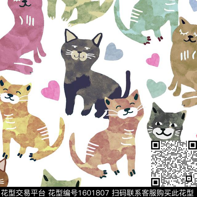 趣味水彩猫数码印花华亿平台下载（图片编号: 1601807） - 瓦栏（Walan）
