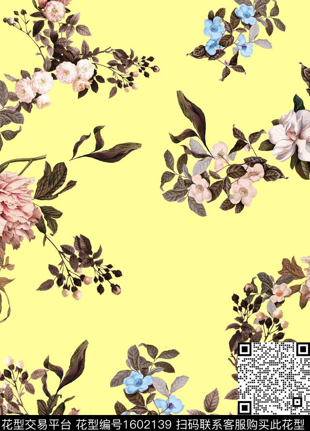 复古花卉清爽底花卉数码印花华亿平台下载（图片编号: 1602139） - 瓦栏（Walan）