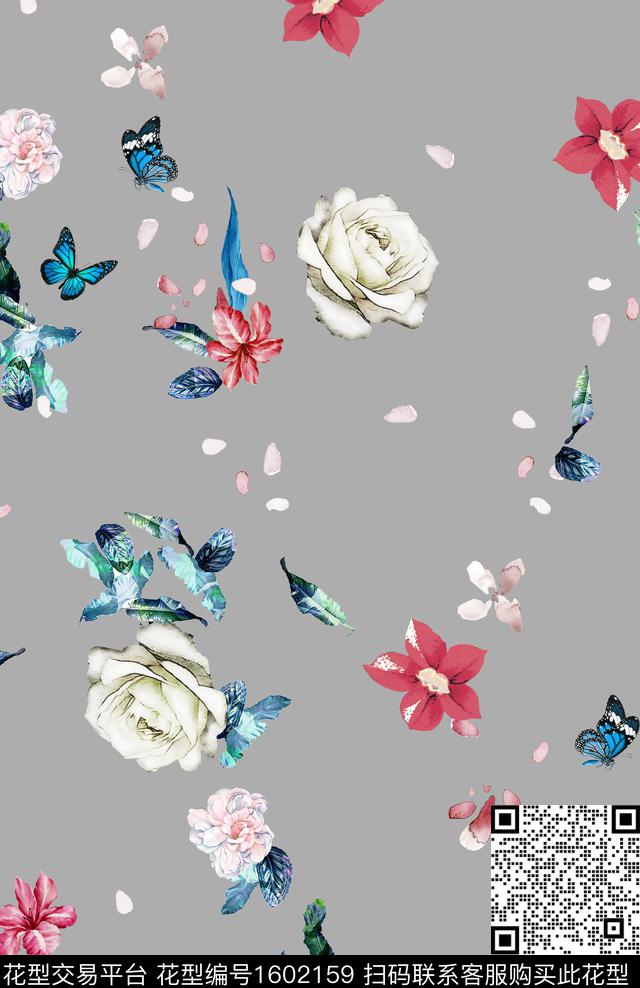 花卉花瓣蝴蝶数码印花华亿平台下载（图片编号: 1602159） - 瓦栏（Walan）