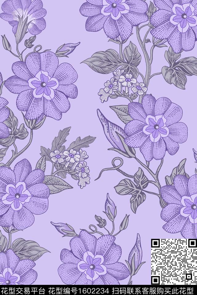 花卉工笔画清爽底花卉传统印花华亿平台下载（图片编号: 1602234） - 瓦栏（Walan）