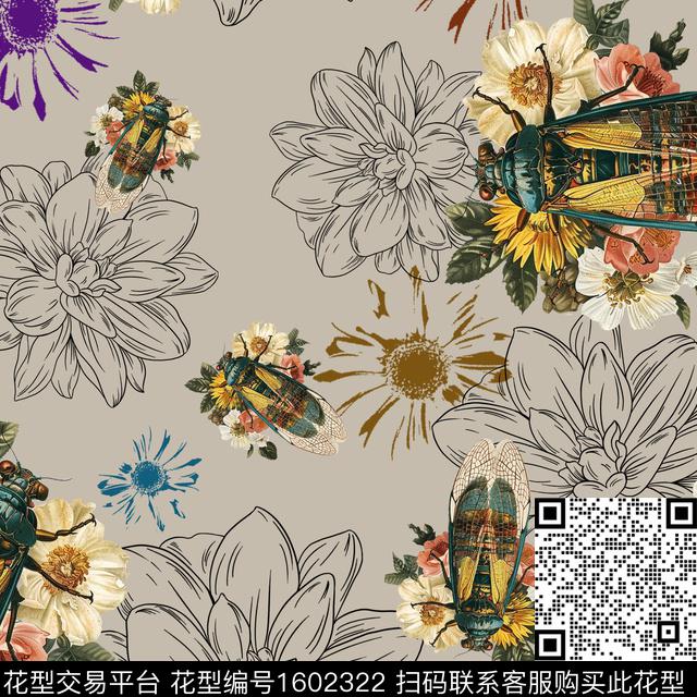 昆虫苍蝇花卉数码印花华亿平台下载（图片编号: 1602322） - 瓦栏（Walan）