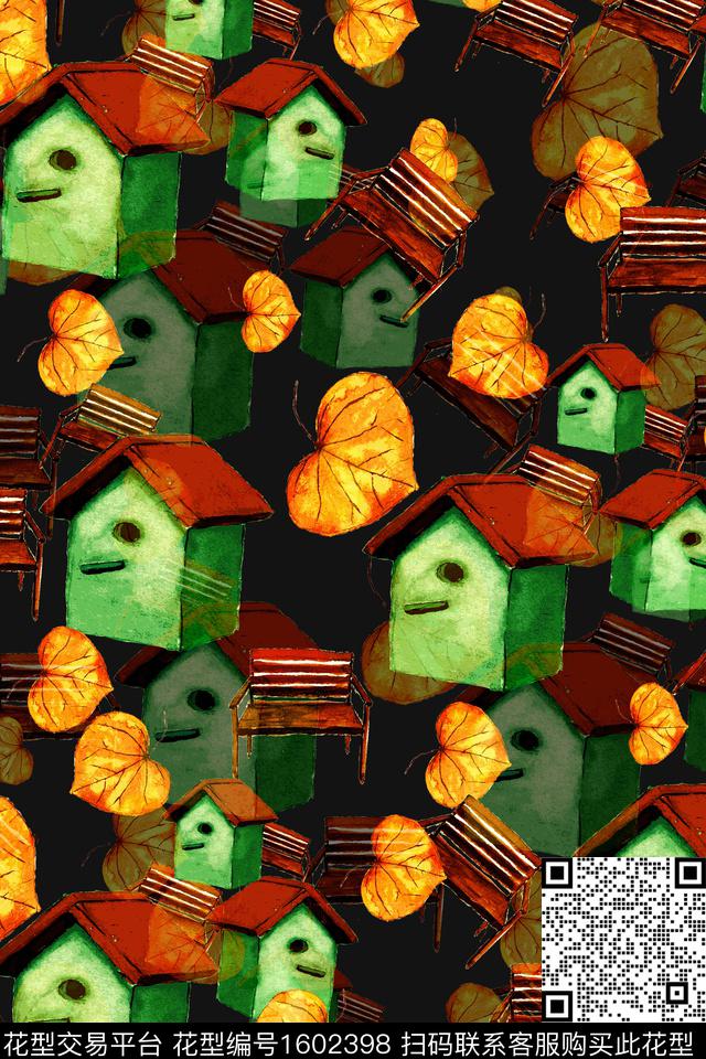 趣味叶子房屋数码印花华亿平台下载（图片编号: 1602398） - 瓦栏（Walan）