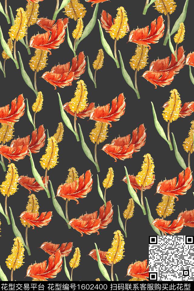 水彩叶子黑底数码印花华亿平台下载（图片编号: 1602400） - 瓦栏（Walan）