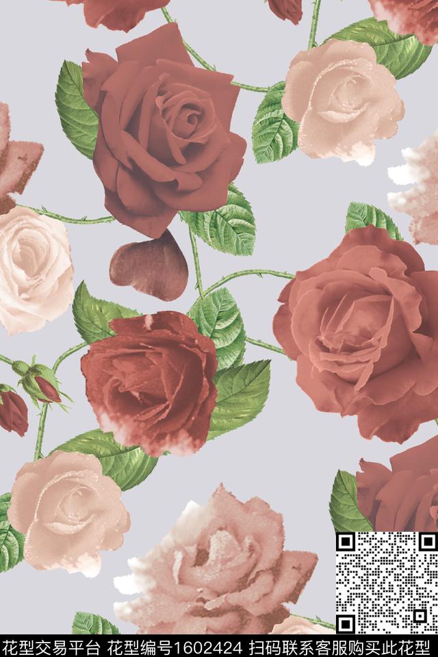 大花花卉复古数码印花华亿平台下载（图片编号: 1602424） - 瓦栏（Walan）