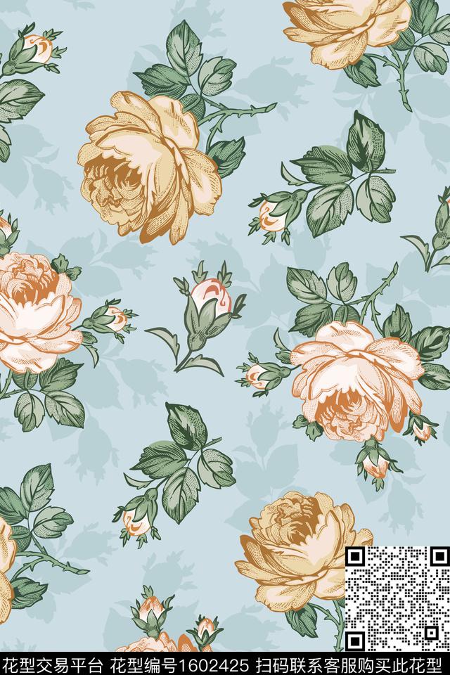 剪影花卉春夏华亿平台传统印花华亿平台下载（图片编号: 1602425） - 瓦栏（Walan）