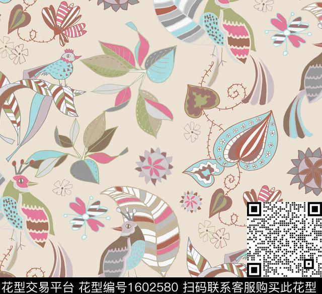 叶子鸟花卉数码印花华亿平台下载（图片编号: 1602580） - 瓦栏（Walan）