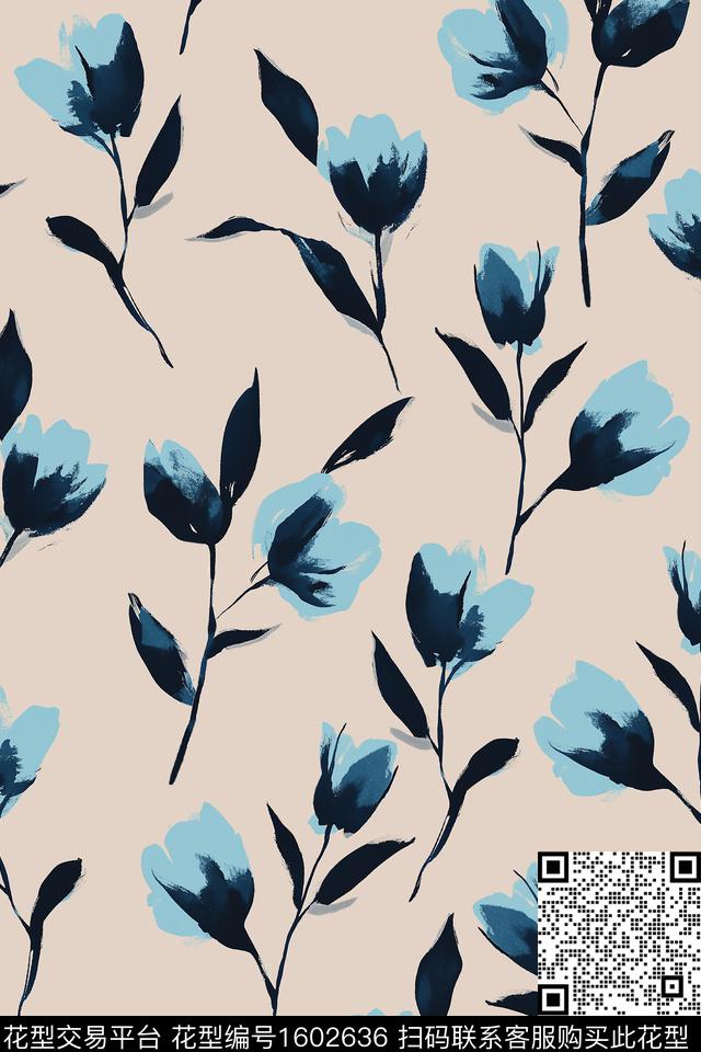 花卉郁金香笔触数码印花华亿平台下载（图片编号: 1602636） - 瓦栏（Walan）