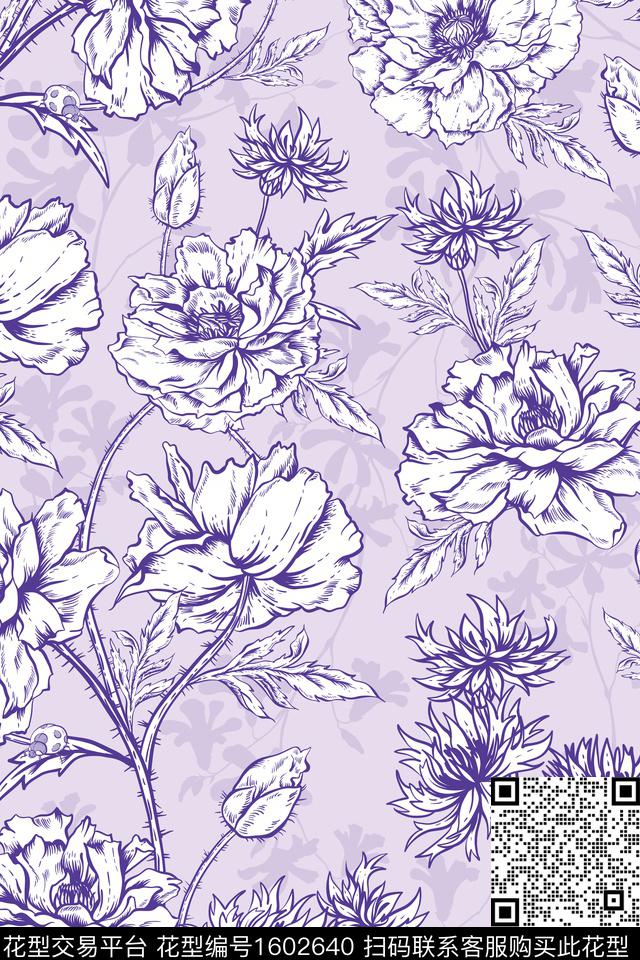 花卉单色花剪影数码印花华亿平台下载（图片编号: 1602640） - 瓦栏（Walan）