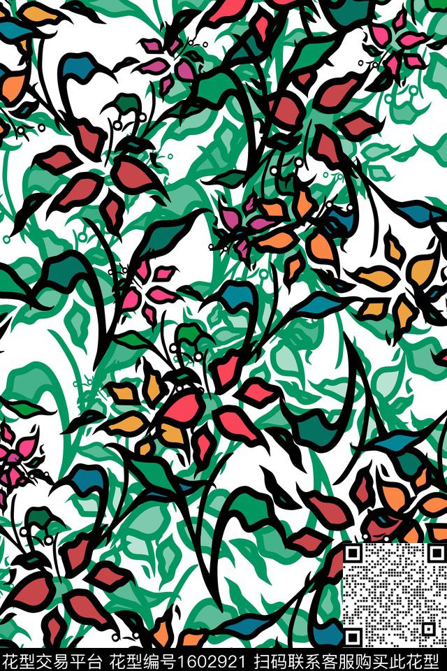 花卉抽象花卉描边传统印花华亿平台下载（图片编号: 1602921） - 瓦栏（Walan）