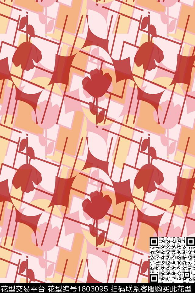 花卉剪影线条传统印花华亿平台下载（图片编号: 1603095） - 瓦栏（Walan）
