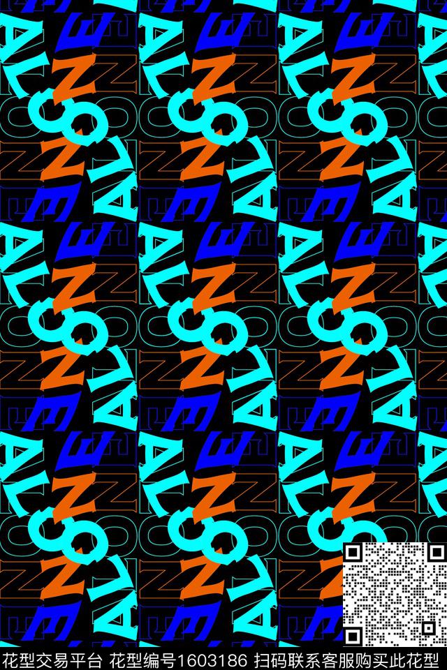 趣味字母黑底传统印花华亿平台下载（图片编号: 1603186） - 瓦栏（Walan）