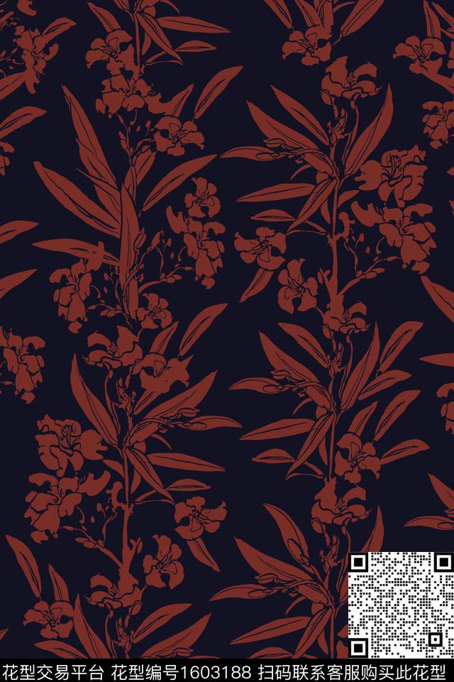 剪影黑底花卉花卉传统印花华亿平台下载（图片编号: 1603188） - 瓦栏（Walan）