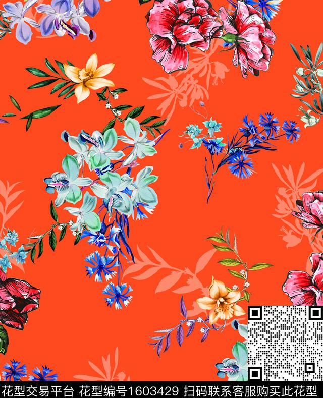 花卉复古橙色背景数码印花华亿平台下载（图片编号: 1603429） - 瓦栏（Walan）