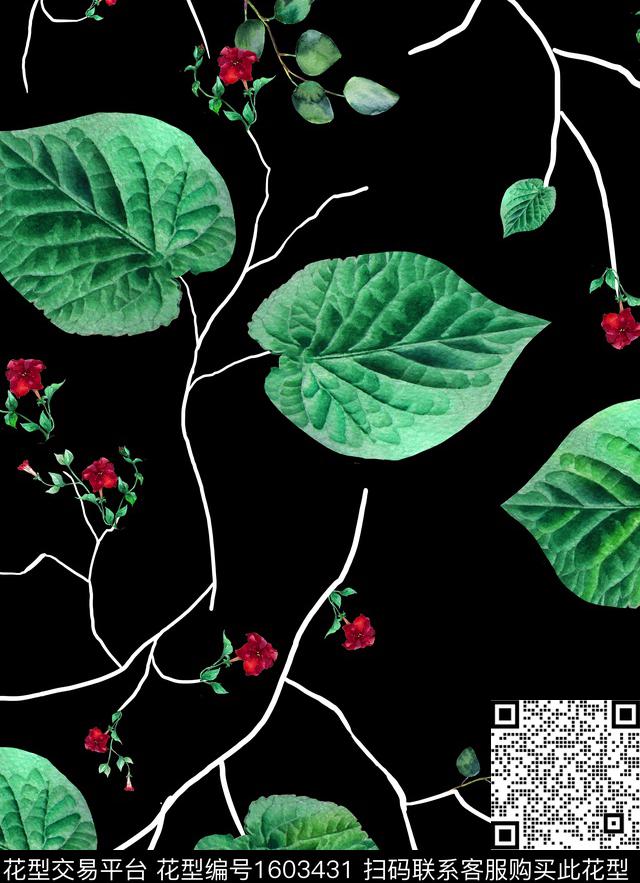叶子花卉黑底数码印花华亿平台下载（图片编号: 1603431） - 瓦栏（Walan）