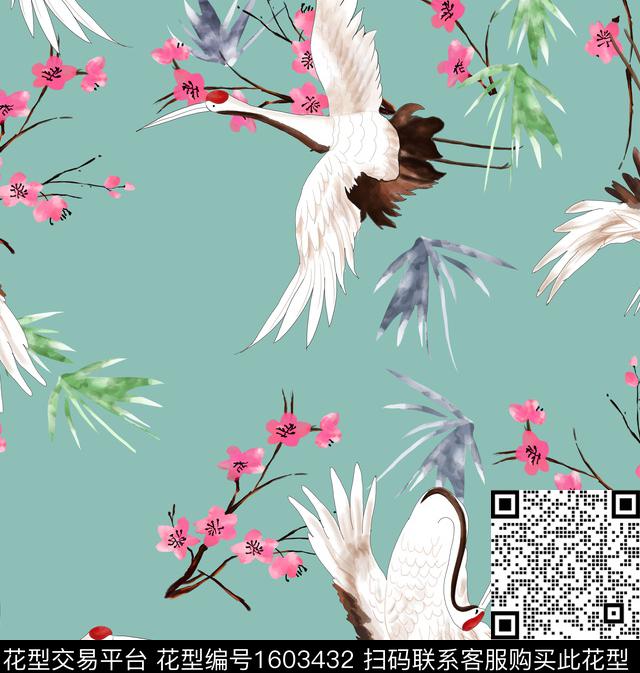 梅花中国风仙鹤数码印花华亿平台下载（图片编号: 1603432） - 瓦栏（Walan）