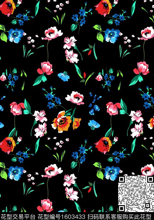 小碎花黑底花卉花卉传统印花华亿平台下载（图片编号: 1603433） - 瓦栏（Walan）